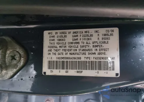 2006 Honda Accord 2.4 Ex из США, поврежденный, VIN 1HGCM55866A094368